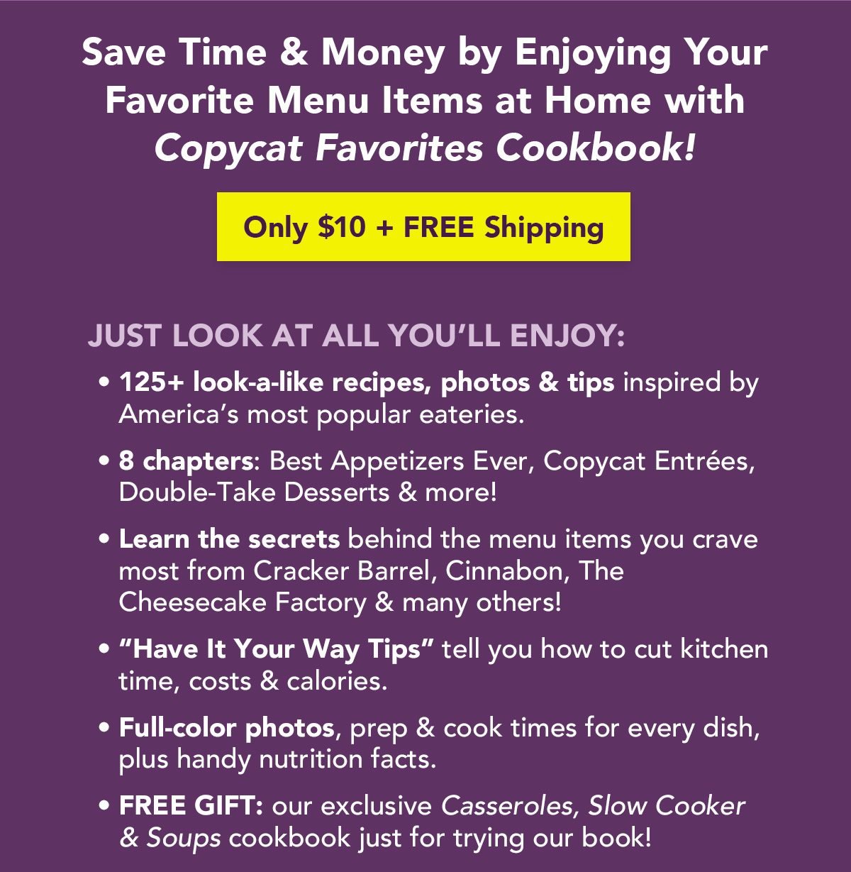 Save Time & Money by Enjoying Your Favorite Menu Items at Home with Copycat Favorites Cookbook! Only $10 + FREE Shipping