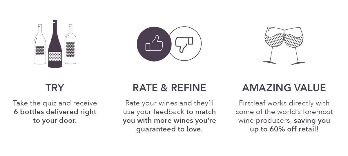 Take the quiz and receive 6 bottles delivered right to your door. Rate your wines and they'll use your feedback to match you with more wines you're guaranteed to love. Firstleaf works directly with some of the world's foremost wine producer, saving you up to 60% off retail!