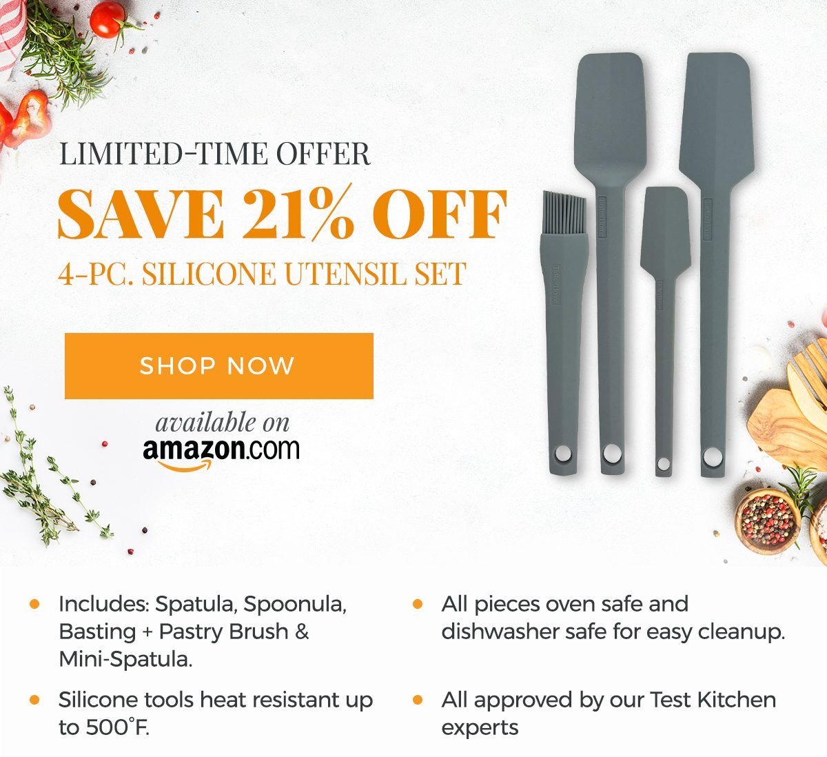 LIMITED-TIME OFFER Save 21% OFF 4-PC. SILICONE UTENSIL SET - SHOP NOW available on Amazon