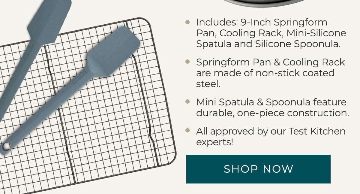 Includes: 9-Inch, Springform Pan, Cooling Rack, Mini-Silicone Spatula and Silicone Spoonula. Springform Pan and Cooling Rack are made of non-stick coated steel. Mini Spatula and Spoonula feature durable, one-piece construction. All approved by our Test Kitchen experts! - SHOP NOW