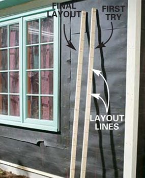 Mark layout lines on story poles, then use the poles to mark the courses of fiber cement board siding on the wall. 