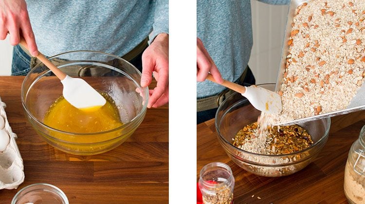 person mixing egg, honey and vanilla then pouring their toasted oats and almonds straight from the baking sheet into the mixture