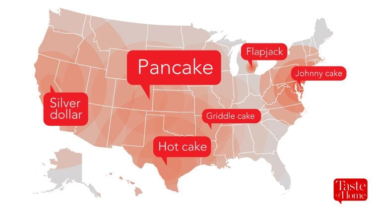 Map with red call-outs labelling what pancakes are called in different areas of the USA